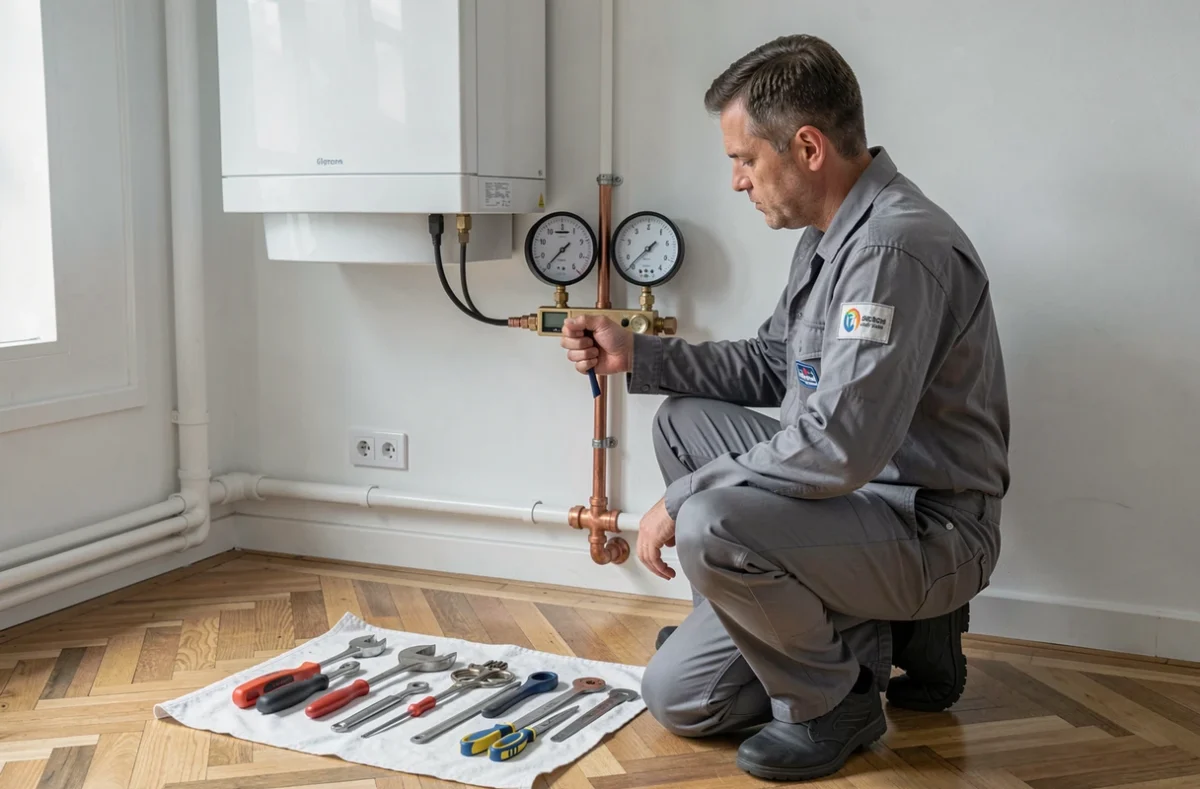 Technicien YK Clim Froid utilisant des instruments de mesure sur un système de climatisation à Lyon